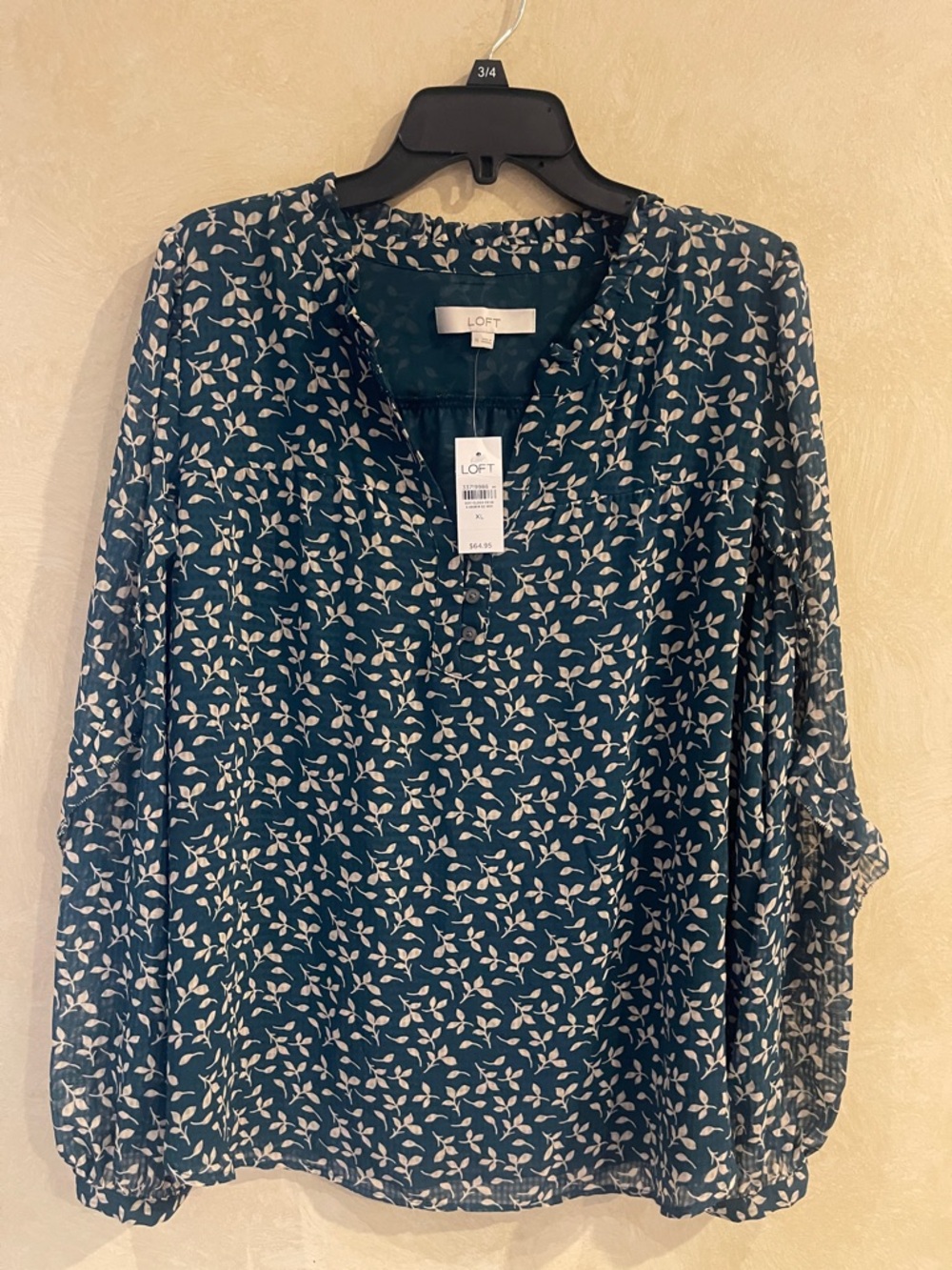 NWT LOFT Teal Floral V-Neck Long-Sleeve Blouse